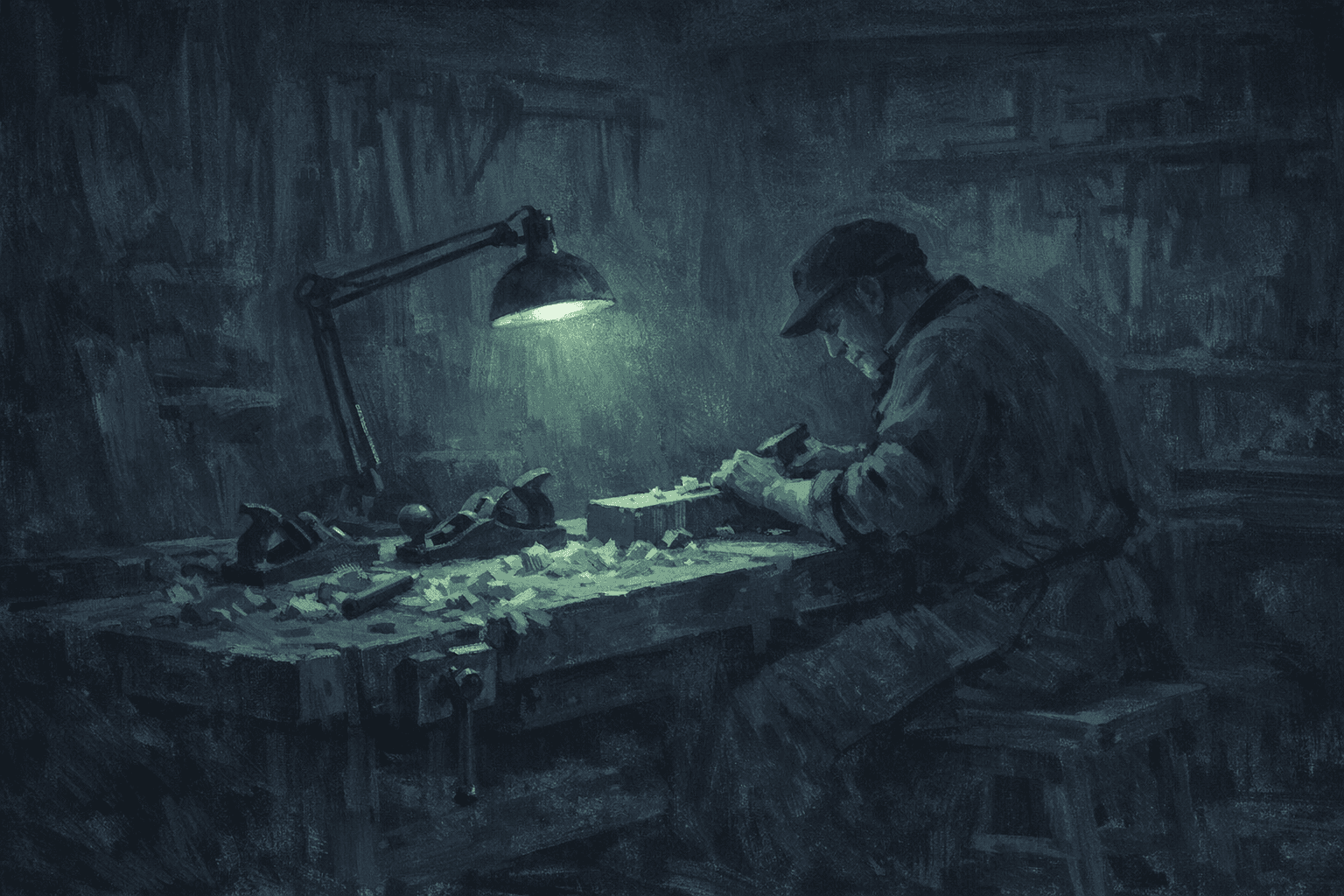 Un artisan travaille le bois à l’établi, éclairé par la lampe verte de son atelier, la nuit.